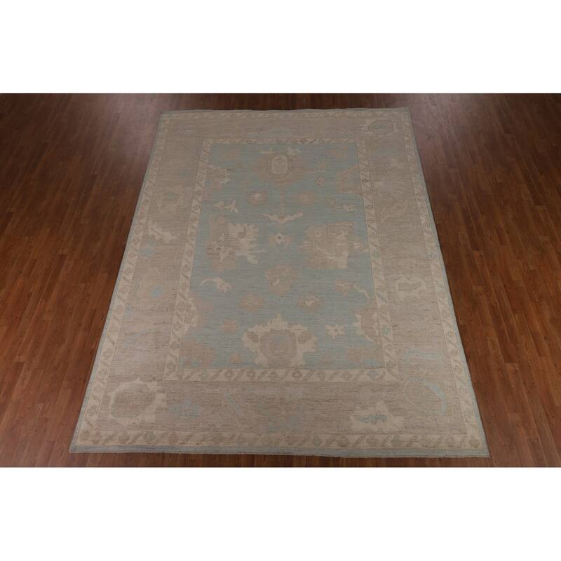 Light Blue Oushak Turkish Rug Hand-Knotted Wool Carpet - 9'0"x 11'10"