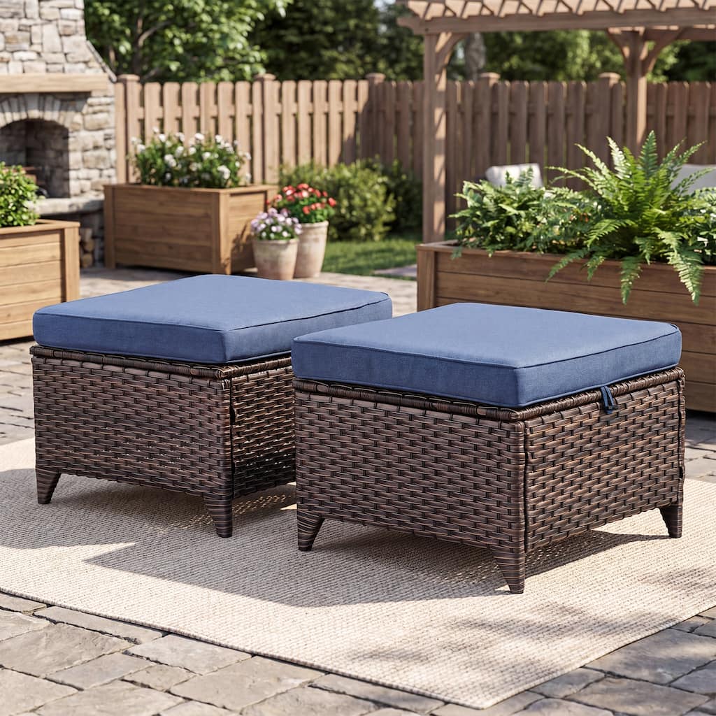 Meyreso Outdoor Wicker Ottoman with Cushion - 22.8"L x 22.8"W x 13.7"H - Coffee Table, Footrest, Extra Seat