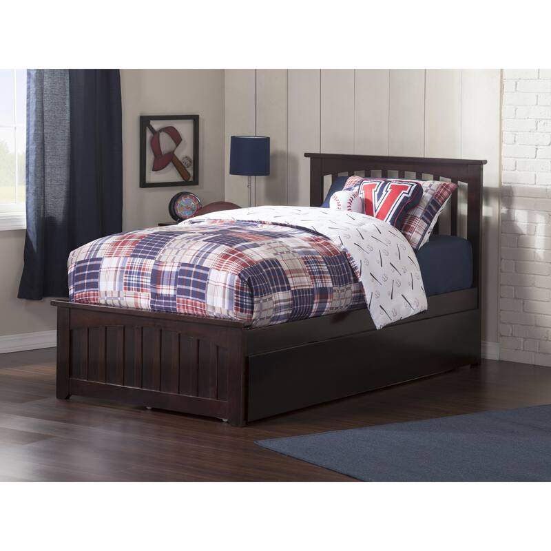 Antique Platform Bed Twin Trundle - Hardwood Bed Frame with Footboard - Elegant Bedroom Furniture
