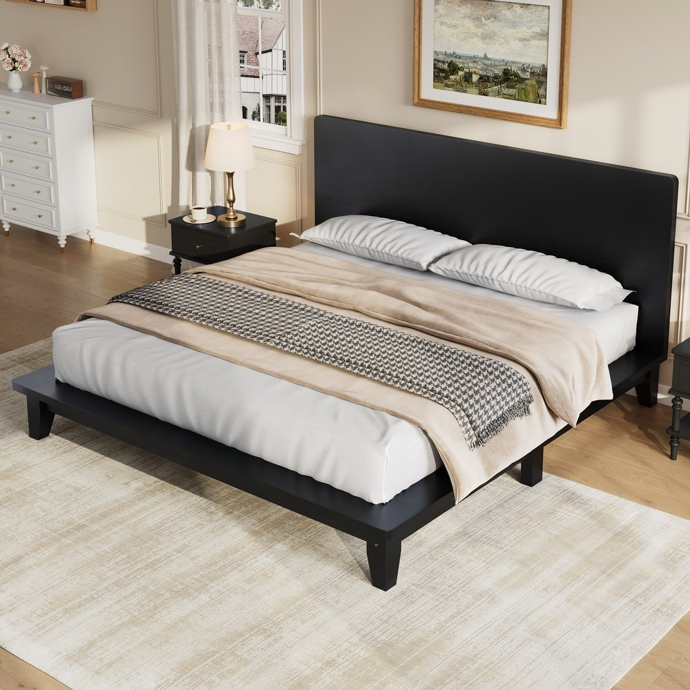 Low-Profile Platform Bed Frame with Headboard, Wood Slat Support, Wingback Panel Bed