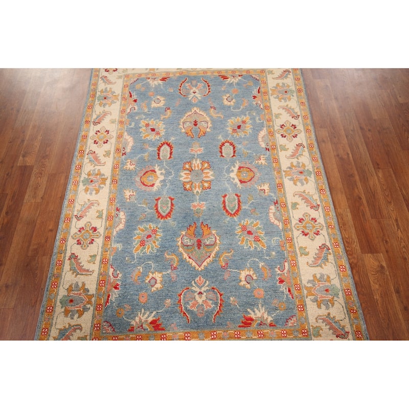 Light Blue Kazak Area Rug Handmade Oriental Wool Carpet - 4'0" x 5'11"