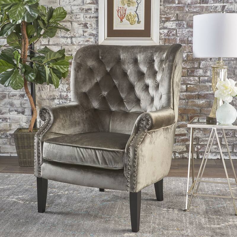 Modern 32" High Back Velvet Upholstered Button Tufted Club Chair with Birch Wood Legs and Nailheads