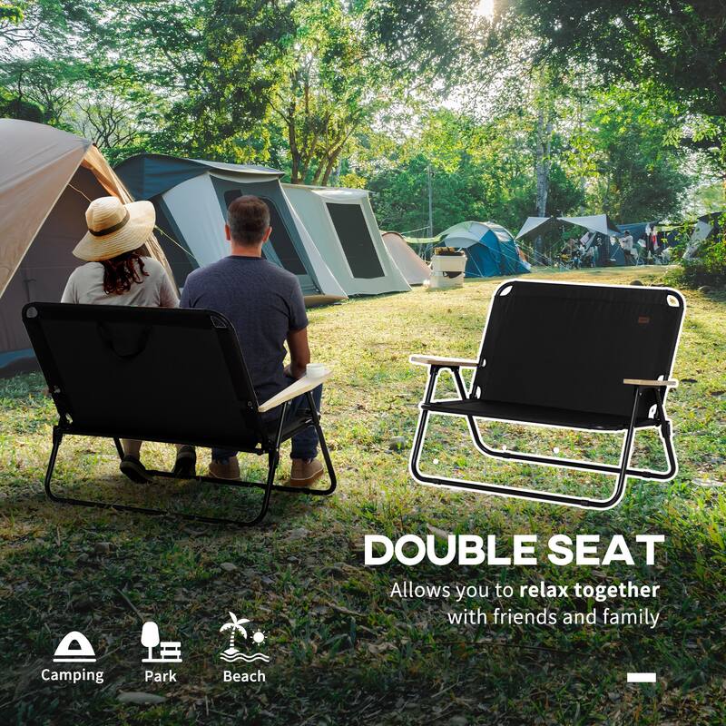 Double Folding Camping Chair, Portable Camping Couch with Wood Armrest & Cup Holders, for Backpacking, Beach, Sports Travel