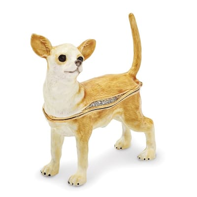 Curata Pewter Bejeweled Crystals Gold-Tone Enameled Samson Chihuahua Trinket Box on 18 Inch Necklace