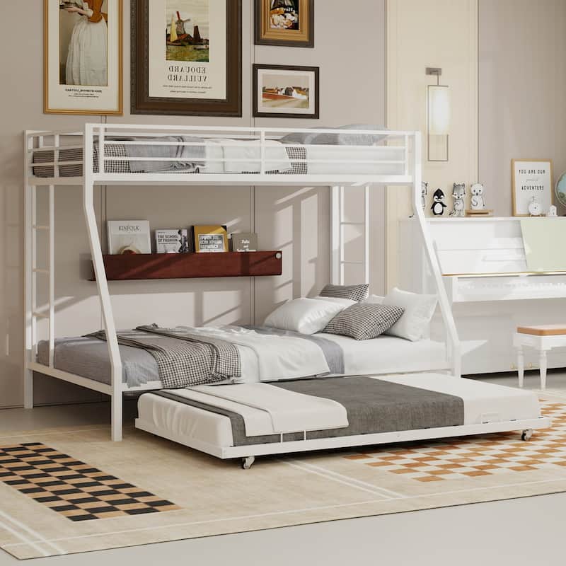 Modern Square Tube Bunk Bed with Ladder and Rolling Trundle Bed
