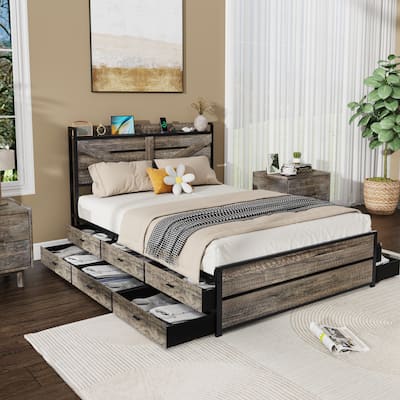 Retro Storage Bed with 12 Storage Drawers and Panel Headboard Built-in Charging Station, Metal Slats Support Platform Bed Frame