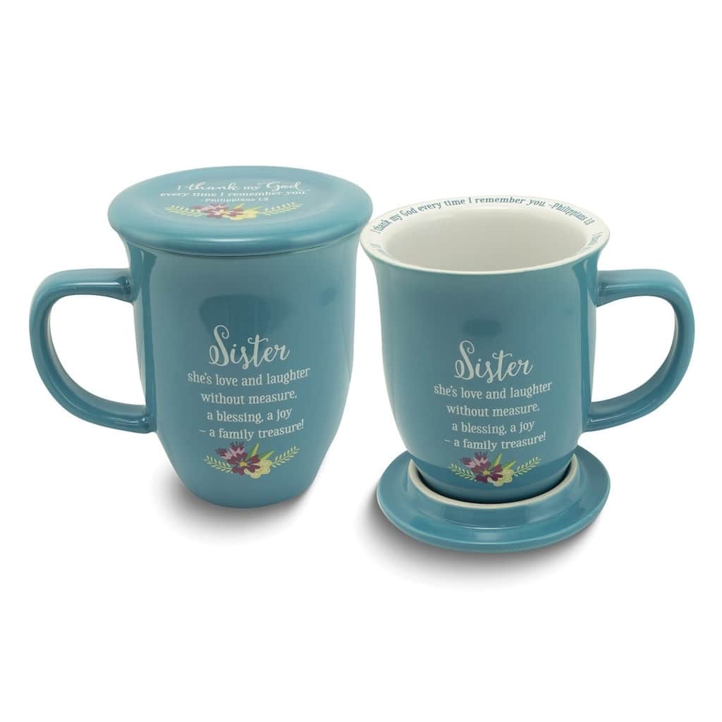 Curata Sister Philippians 1:3 Blue Floral 16 Oz. Ceramic Mug and Coaster Set Boxed