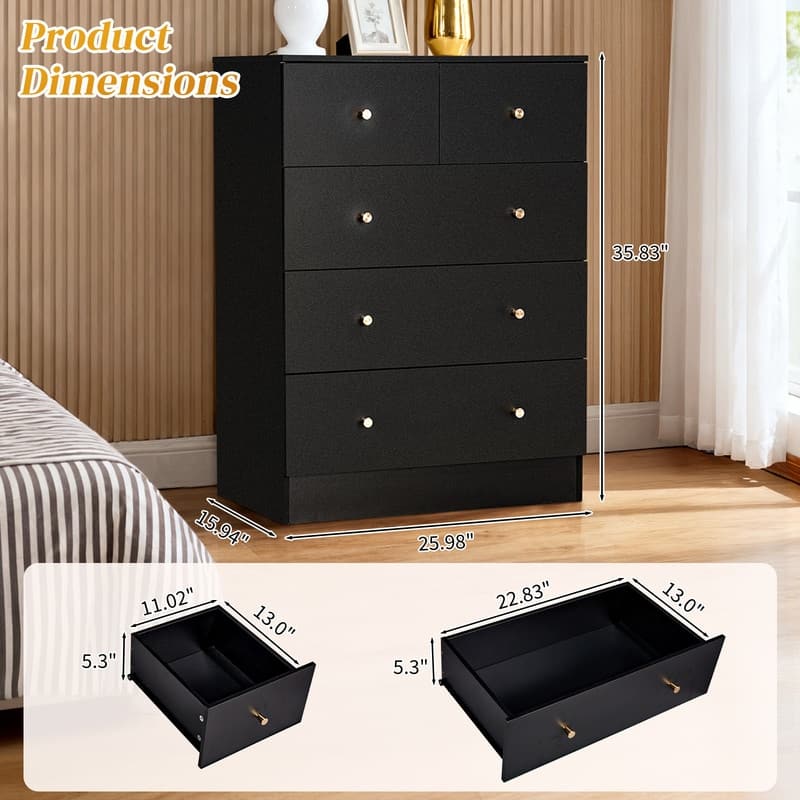 5-Drawer Dresser For Bedroom And Chest Of Drawers With Sturdy Construction Wood Storage Organizer For Closet