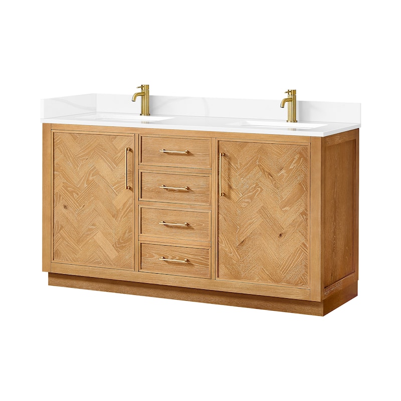 Jakarta Bath Vanity with Quartz Stone Top without Mirror - Oak Natural Brown - 60in. Double Sink