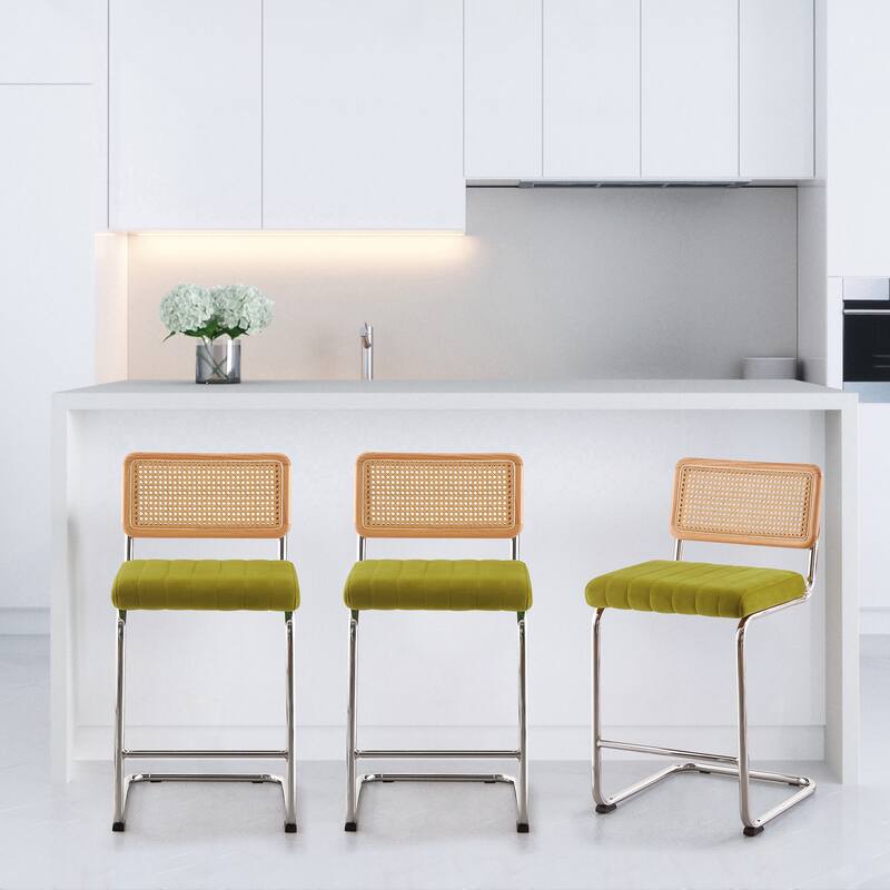 Velvet Upholstered Rattan Counter/Bar Stools, Set of 2/3