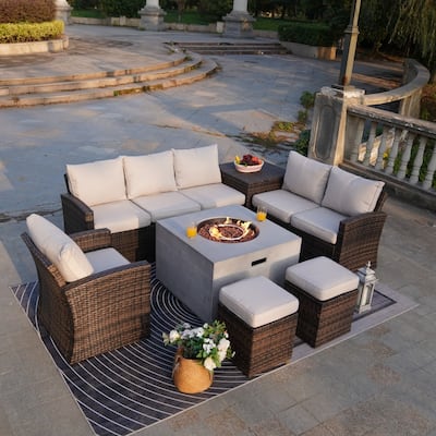 7-piece Patio Wicker Coversation Cushioned Set with Holve Fire Pit