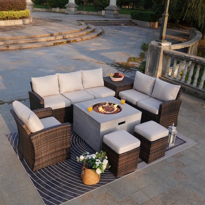 7-piece Patio Wicker Coversation Cushioned Set with Holve Fire Pit