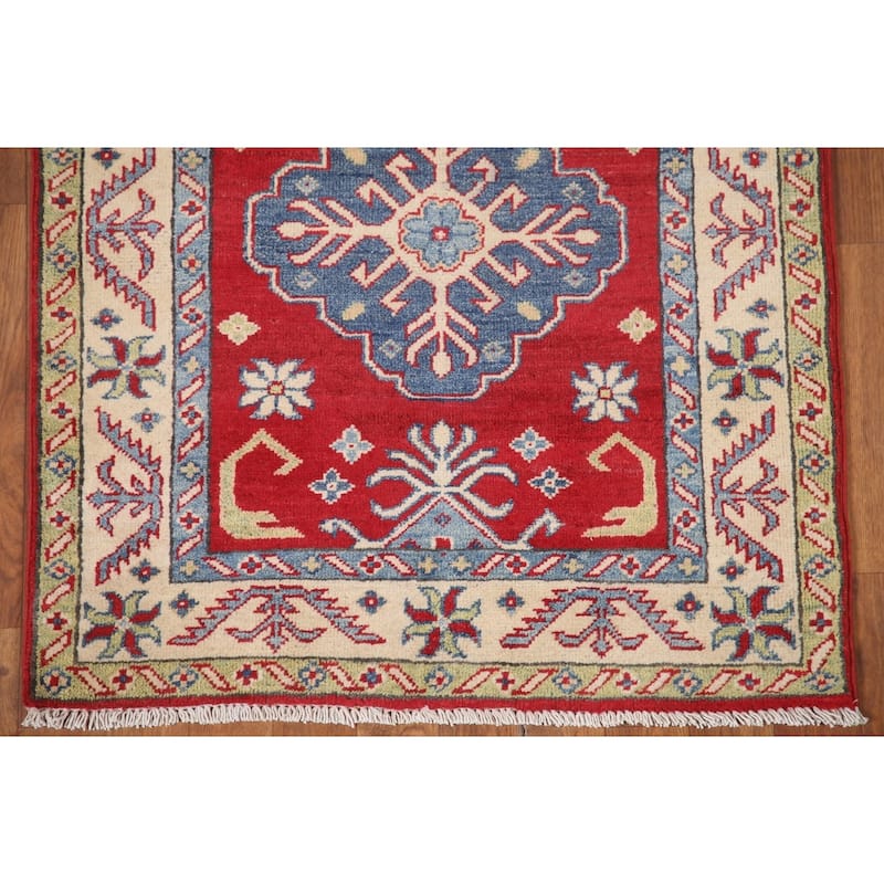 Hand Knotted Oriental 100% Wool Carpet Traditional Geometric Red Kazak Runner Rug - 8' 1'' X 2' 9''