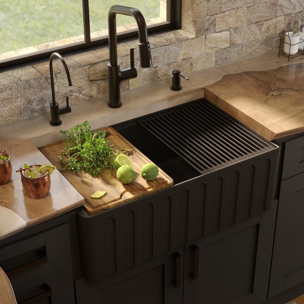 Karran 30" Single Bowl Workstation Fireclay Kitchen Sink with Reversible Fluted Apron Front