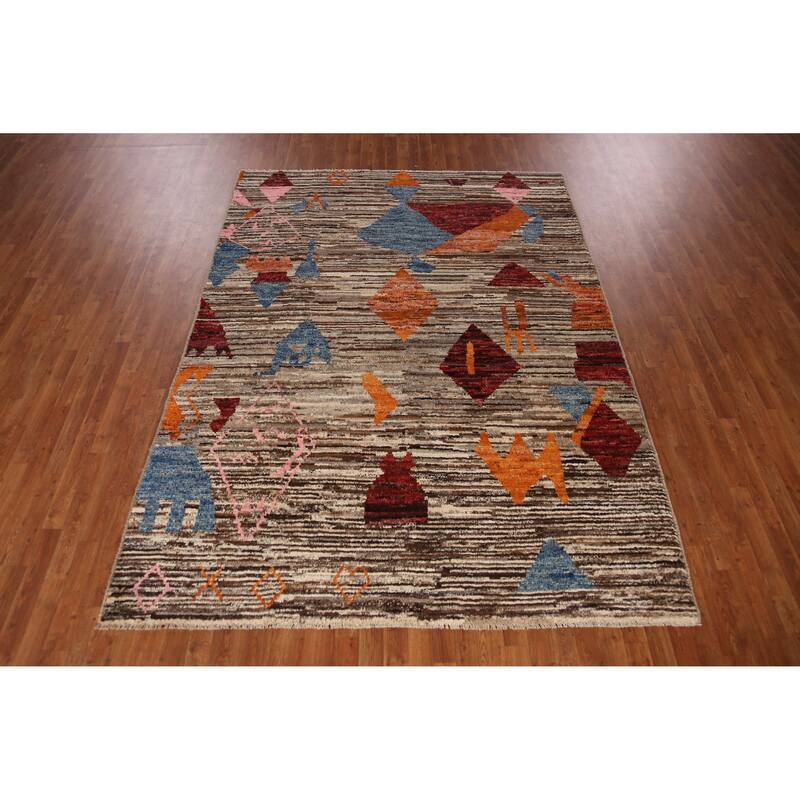Moroccan Oriental Area Rug Hand-Knotted Brown Wool Carpet - 7'0" x 9'5"