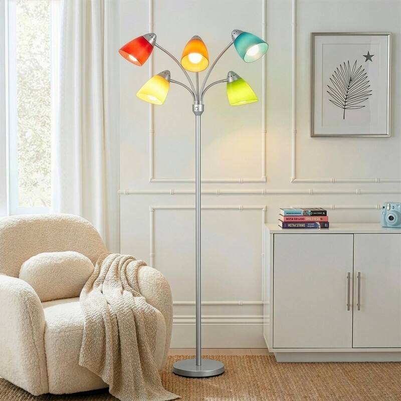 Brightech Medusa 74" Platinum Silver Modern 5-Light Height Adjustable Gooseneck LED Floor Lamp with 5 Multicolored Cone Shades