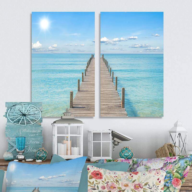 Designart "Pier Infinite to the Sea" Seascape Canvas Wall Art Print 2 Piece Set - 12" W x 20" H x 1" D x 2 Pieces