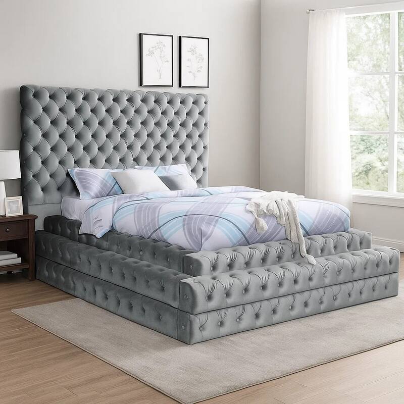 Steph Queen Bed, Gray Button Tufted Flannelette Upholstery, XL Headboard