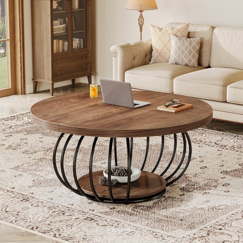 39.4" Rustic Wood Round Coffee Table with 2-Tier Storage - 39.37"D x 39.37" W x 18.11" H