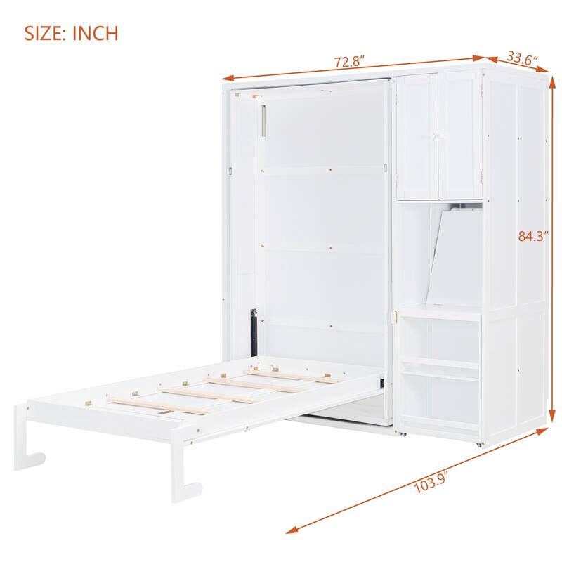 Rotating Twin Size Murphy Bed with Bookshelf, Desk, and Storage in White