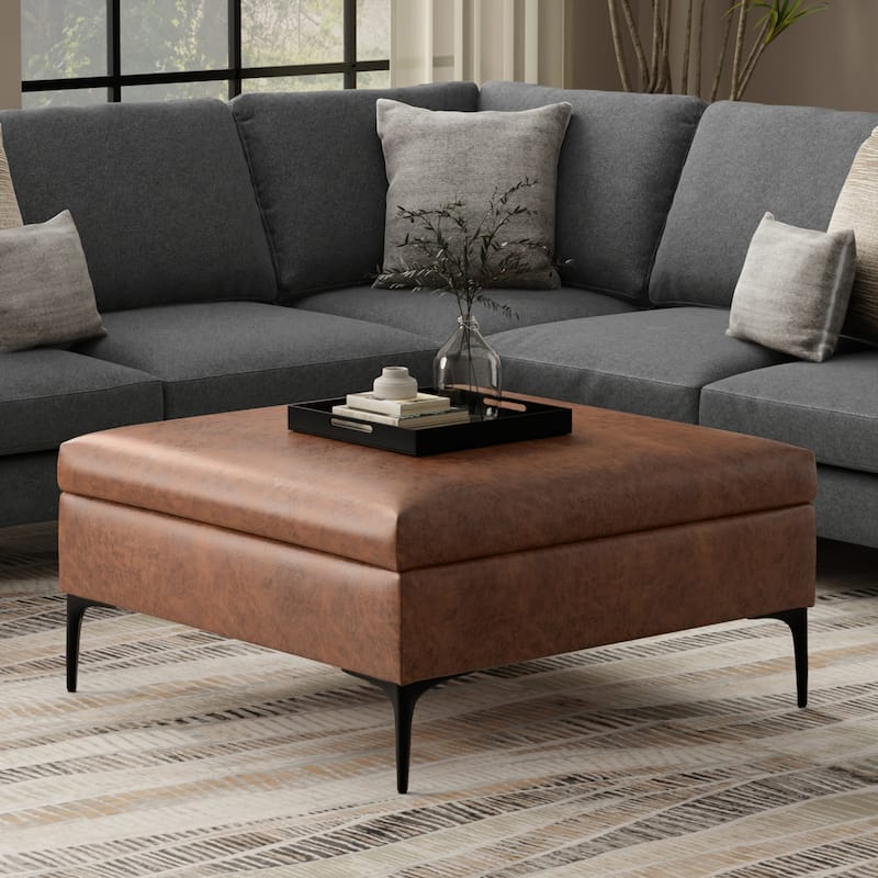 WYNDENHALL Lilah 36" Wide Contemporary Coffee Table Storage Ottoman with Lift Up Lid - Distressed Saddle Brown
