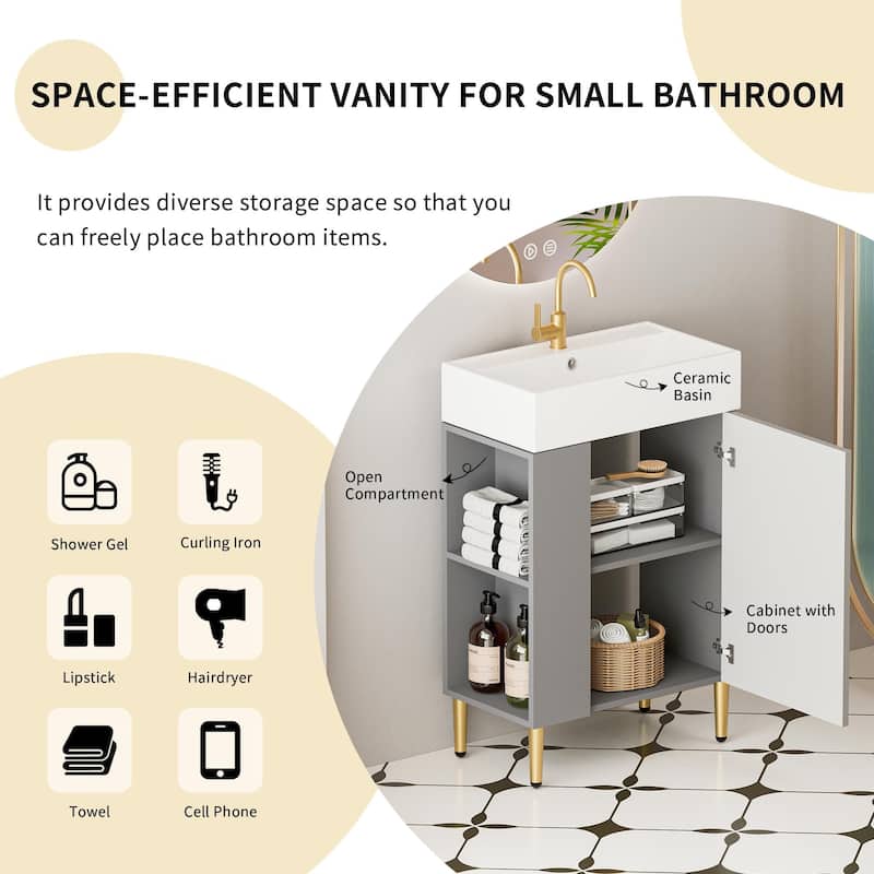 Small Bathroom Vanity with Sink, Narrow Depth Bathroom Vanities, Bathroom Cabinet with Open Side Shelves & Soft Closing Door