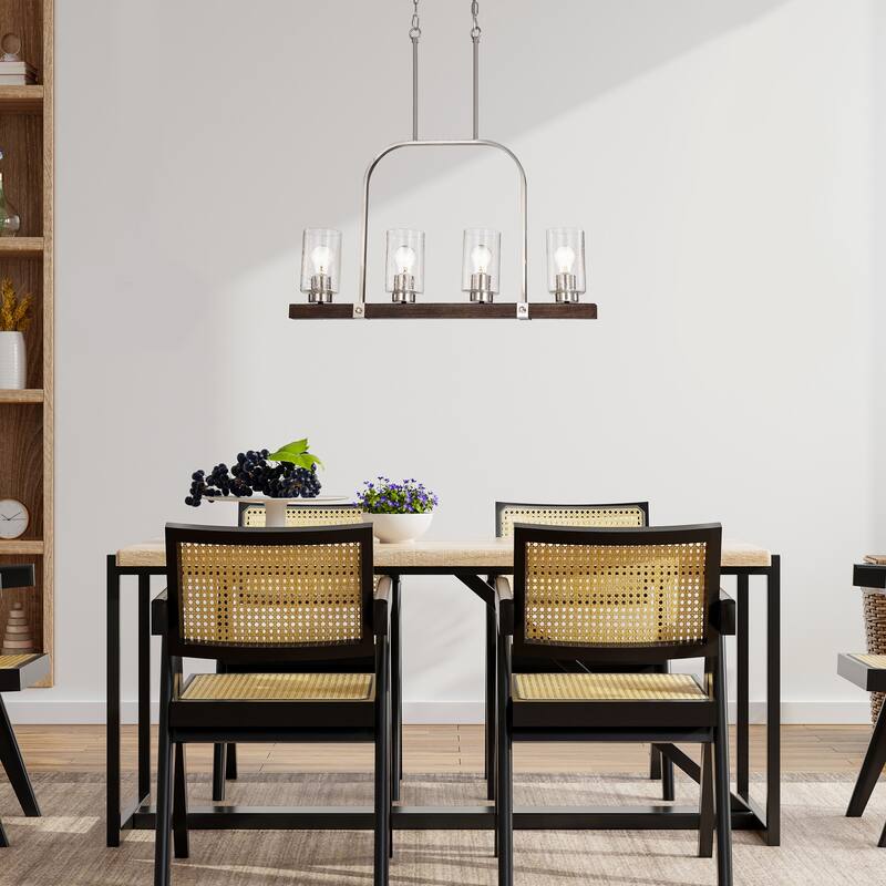 Brushed Nickel and Wood 4-Light Linear Island Lighting with Seedy Glass - Brushed Nickel and Wood