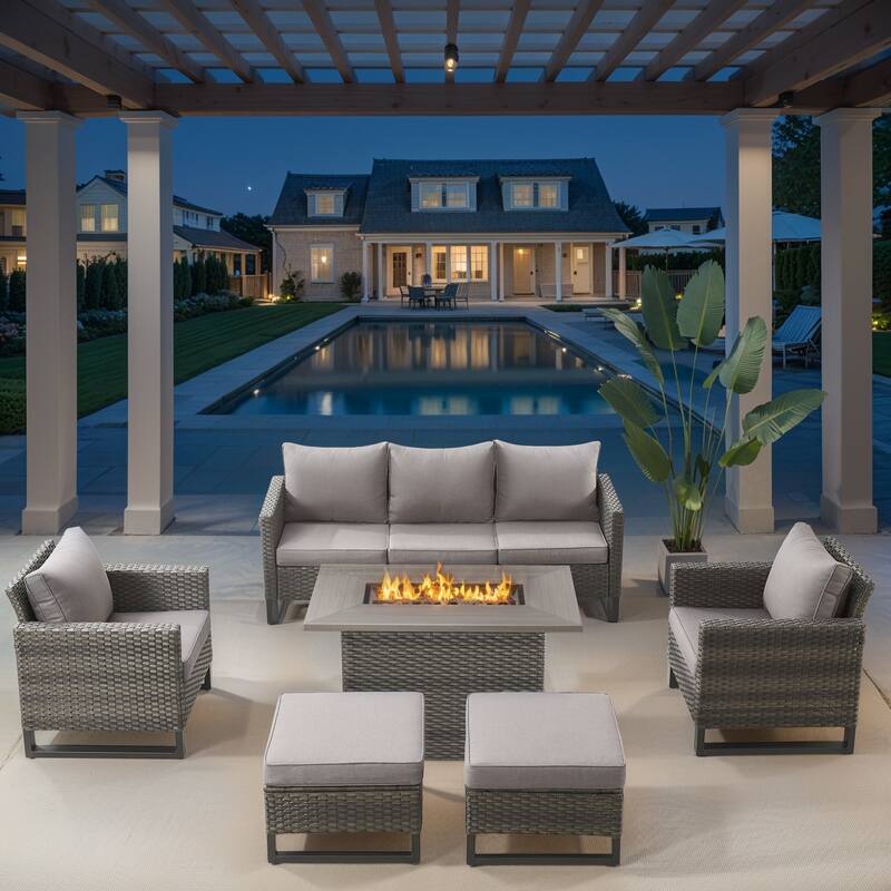 Outdoor Grey Rattan Sofa Chair set with Fire Table - Grey cushion - Grey - Grey