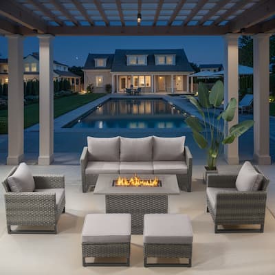 Outdoor Grey Rattan Sofa Chair set with Fire Table - Grey cushion