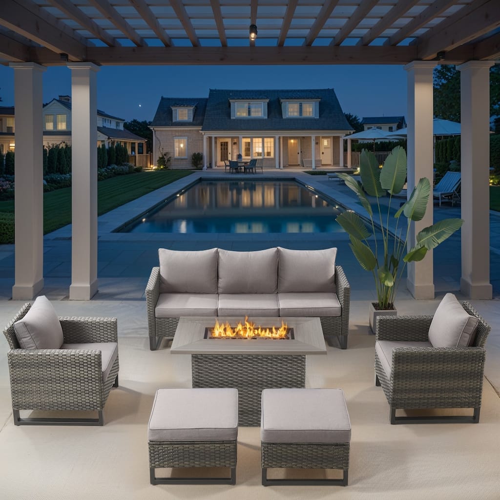 Outdoor Grey Rattan Sofa Chair set with Fire Table - Grey cushion