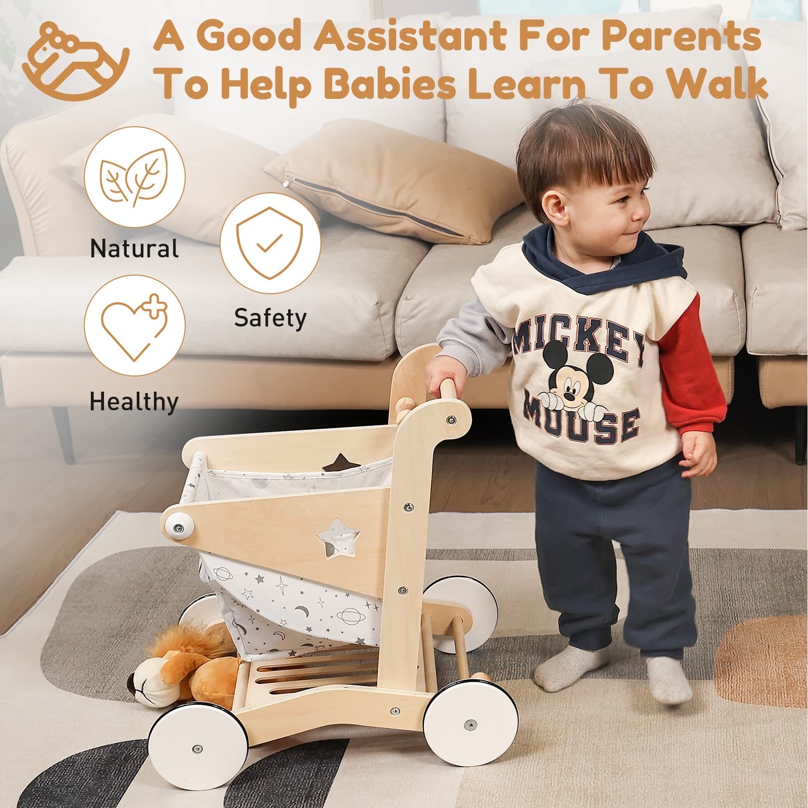 Wooden Baby Walker Doll Stroller Adjustable Speed Shopping Cart