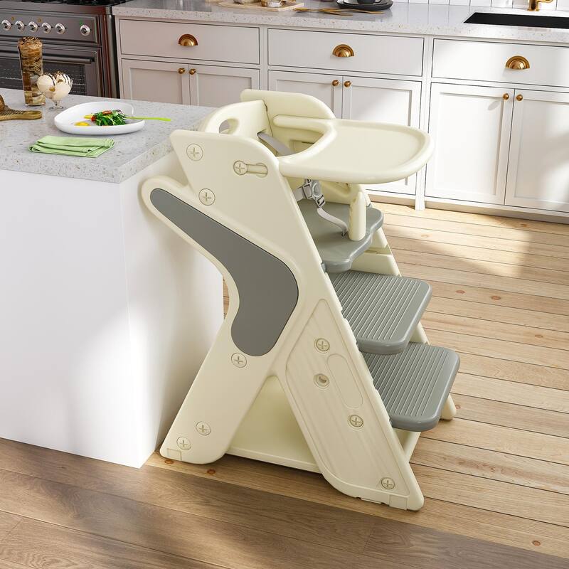 Multi Functional Growing Up Dining Chair,Adjustable Height Toddler Tower,Five-Point Seat Belts And A Movable Large Dinner Plate