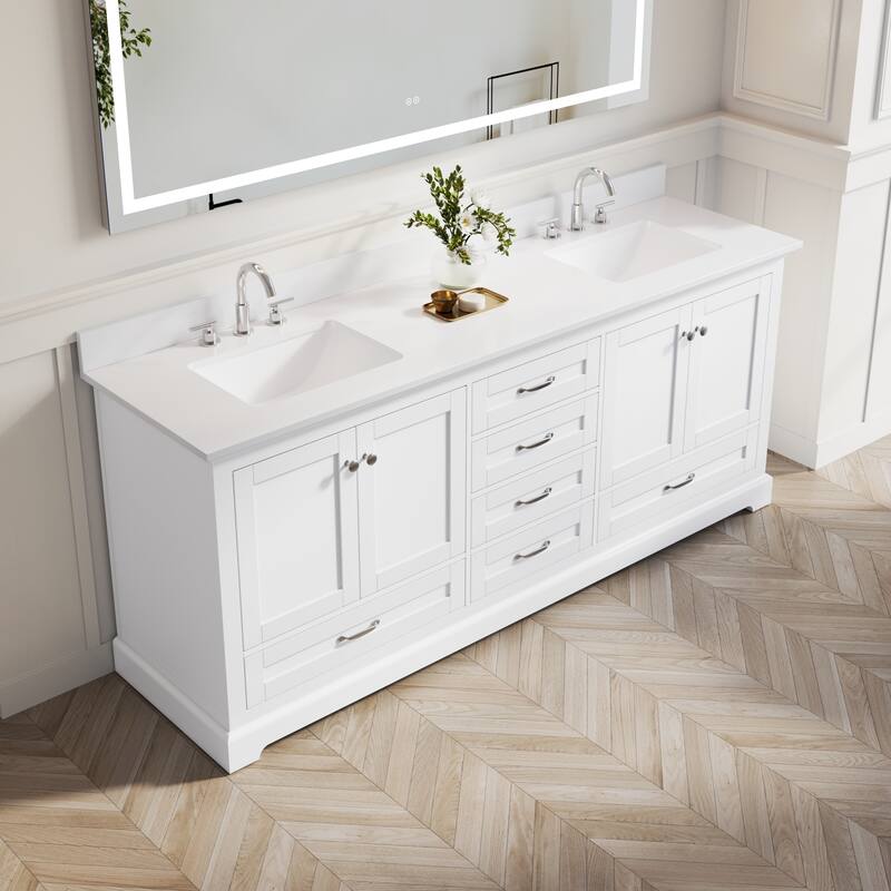 80''W Solid Wood Frame Bathroom Vanity With Pure White Culutered Marble Countertop And Double Sink
