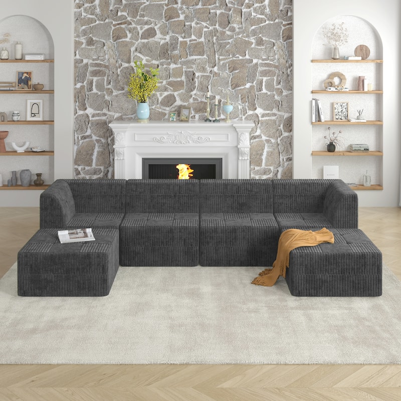 130.3" U-Shaped Corduroy Modular Sectional Sofa with Sleeper - Grey