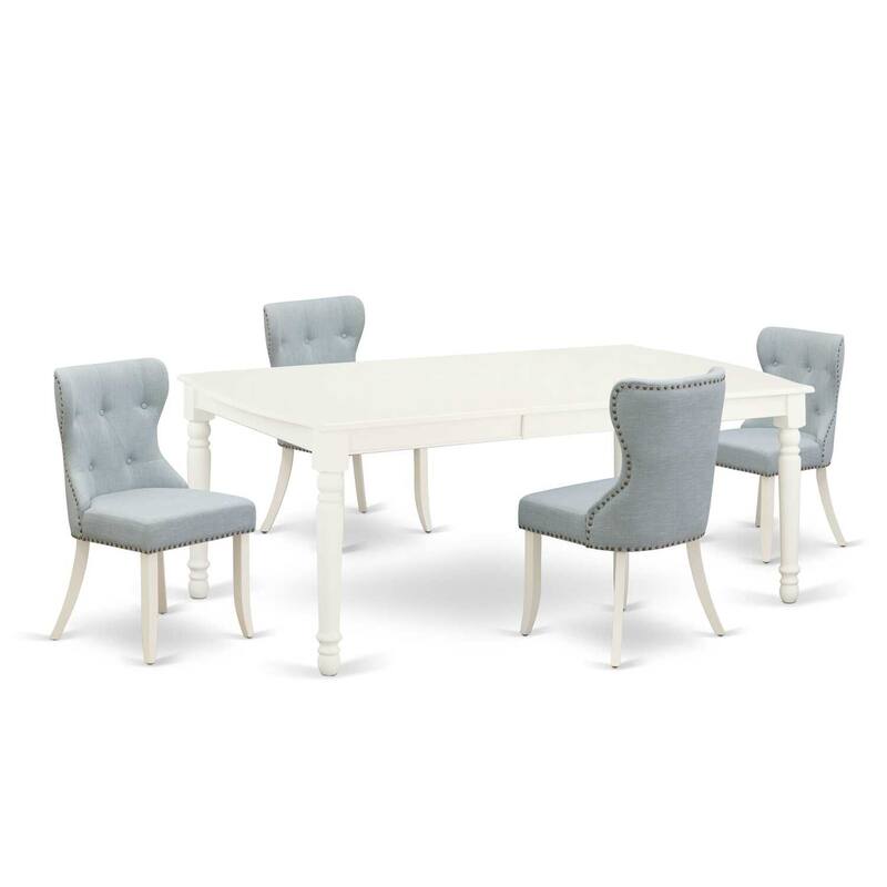 Retro Dining Table Set - 4 Kitchen Chairs, Linen Fabric, Blue & Rectangle Table