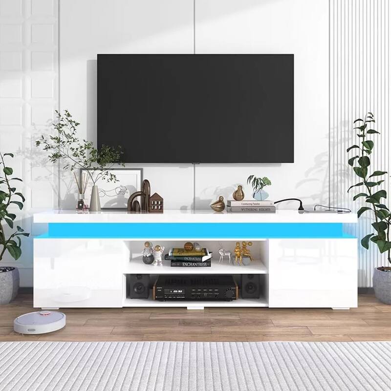 LED TV Stand for 74"TV High Gloss with Storage White - 73 inches in width