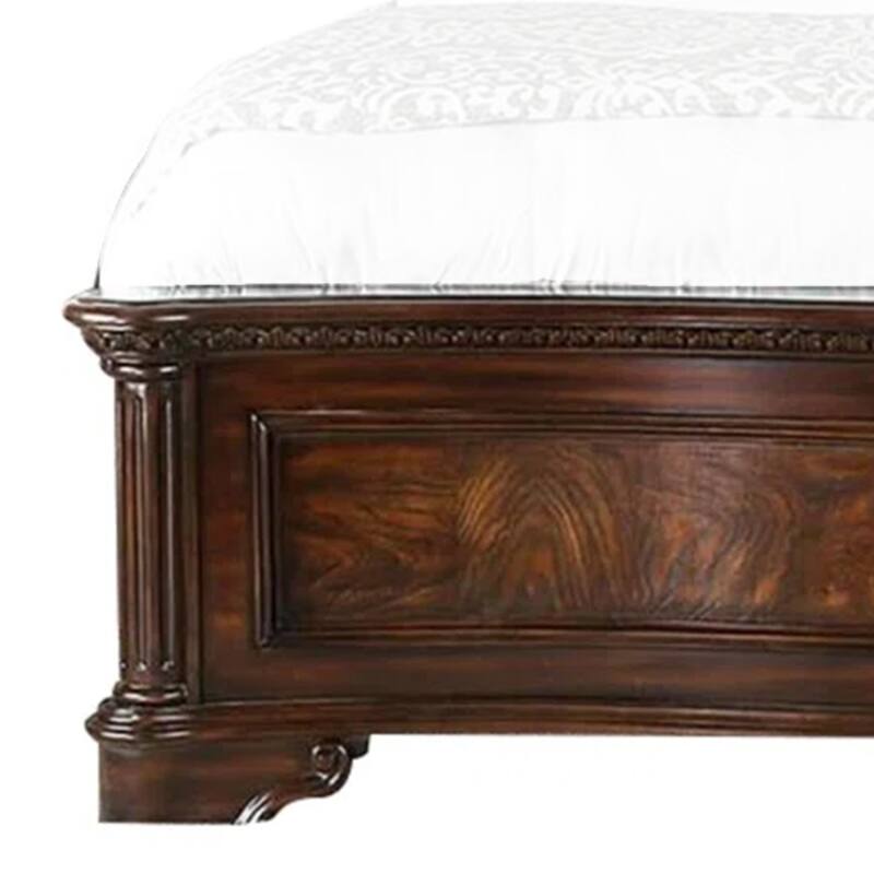 Odora Ornate Carved Queen Bed, Faux Leather Upholstery, Brown, Gold