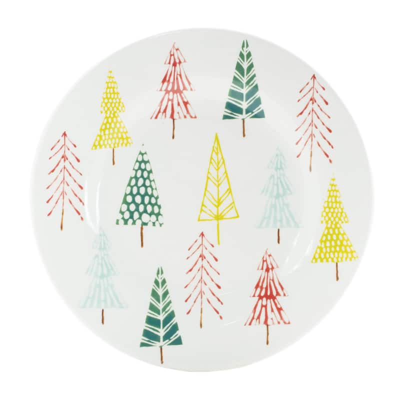 Ceramic Pine Tree Plates Set of 4 with Festive Glazed Finish - Green/White/Red