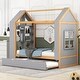 preview thumbnail 1 of 6, Grey Twin Size Solid Pine Wood House Platform Bed with Trundle, Multi Storage Shelves Grey