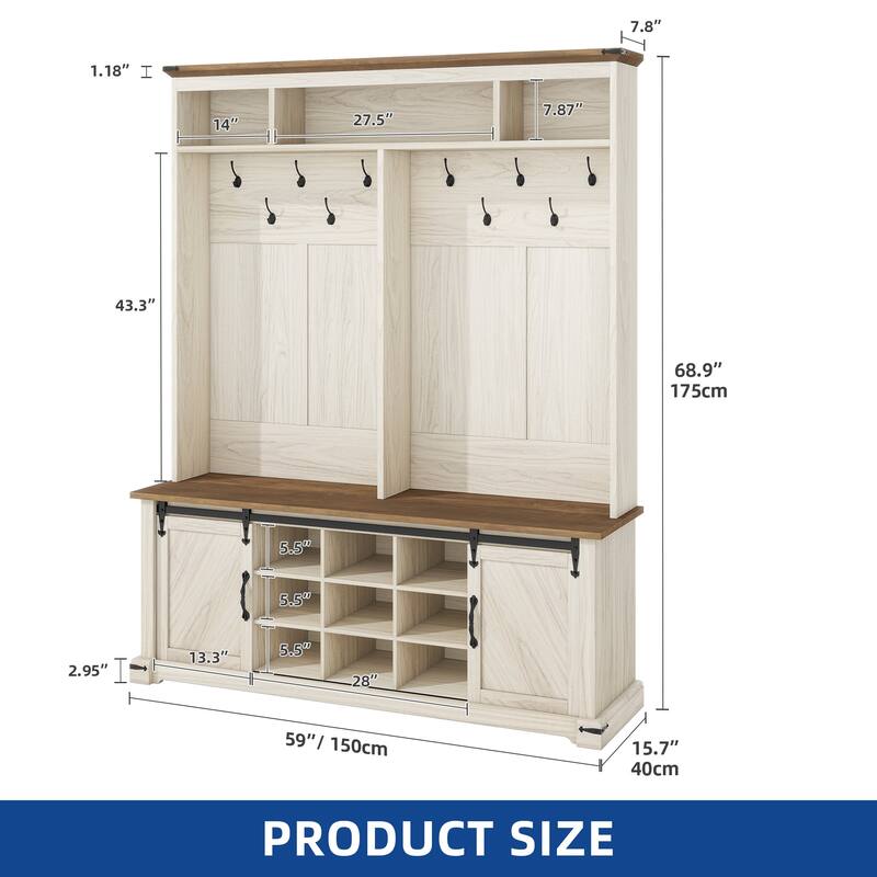 Moasis Farmhouse Hall Tree with Bench and Shoe Storage with 10 Hooks for Entryway