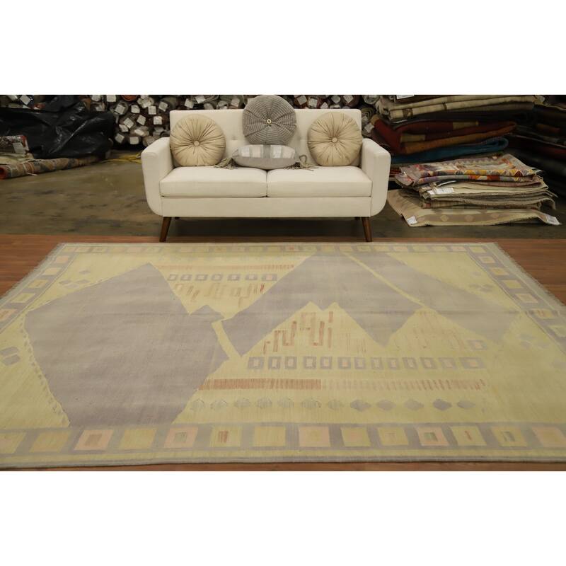 Hand Woven Oriental 100% Wool Carpet Southwestern Tribal Yellow & Gold Kilim Area Rug - 9' 8'' X 7' 10''