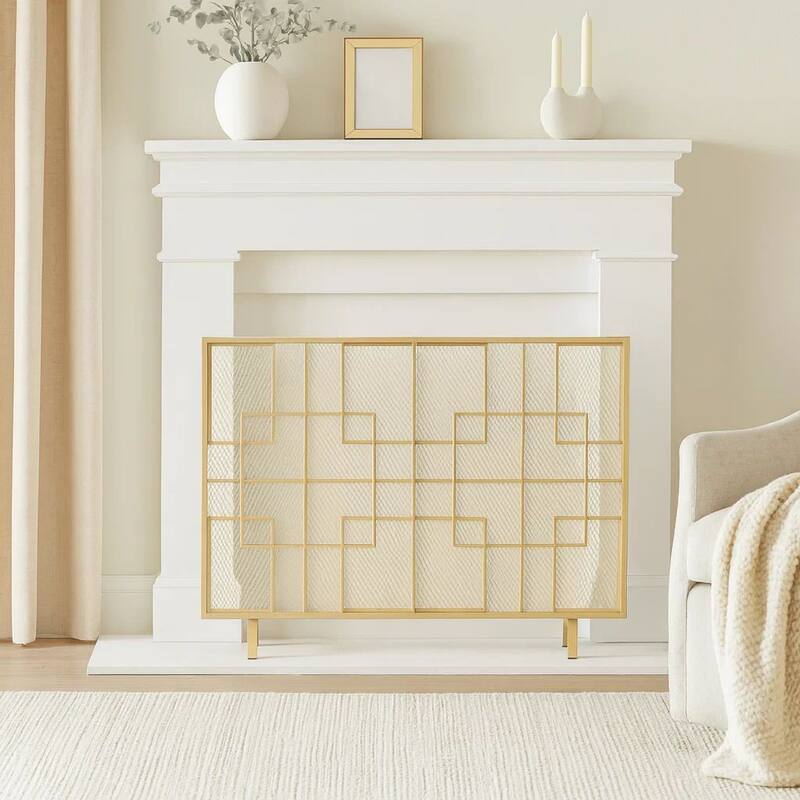 31x41 Fireplace Screen, Overlapping Square Design, Classic Gold Iron