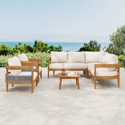 Christopher Knight Home - Valcour Acacia Wood Rounded Tuxedo Outdoor 6 Piece Sofa Set with Water-Resistant Cushions