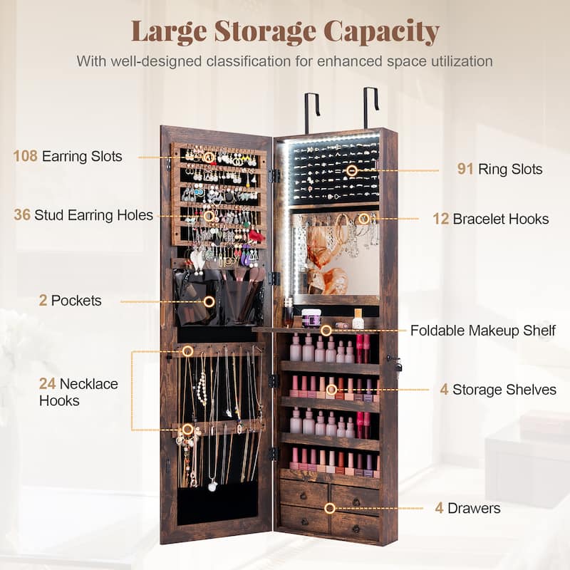 Gymax Mirror Jewelry Cabinet 96 LED Lights Wall Door Mounted Armoire