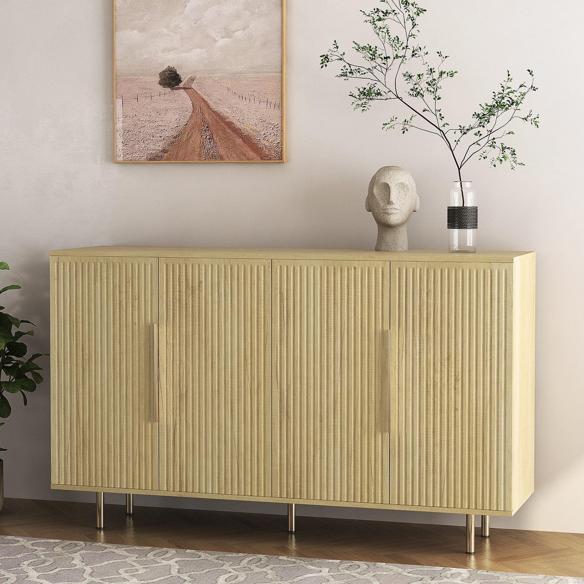 Modern Buffet Cabinet With Storage Fluted Sideboard Credenza Accent