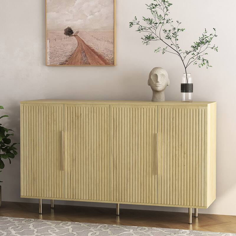 Sideboard with Corrugated Fluted Panel, Multifunctional Wooden Buffet Cabinet, Accent Cabinet with Adjustable Shelves - Wood