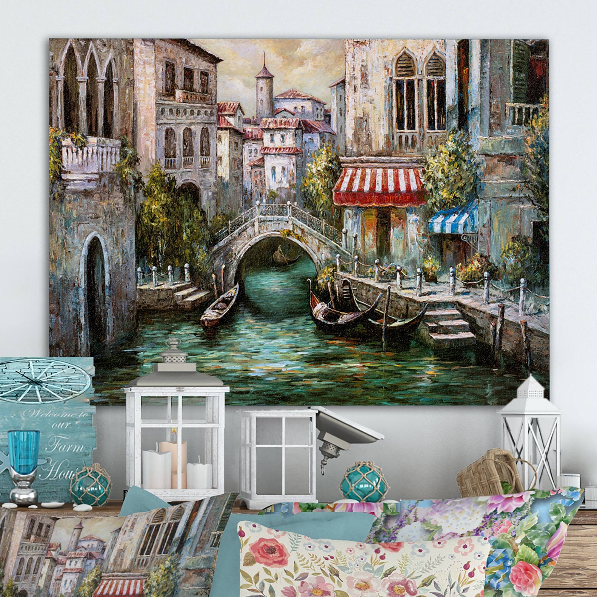 Designart "Canal In Venice" French Country Canvas Wall Decor Bed Bath