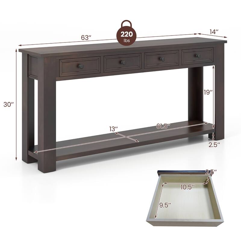 Gymax 63'' Farmhouse Entryway Table with 4 Storage Drawers and Open
