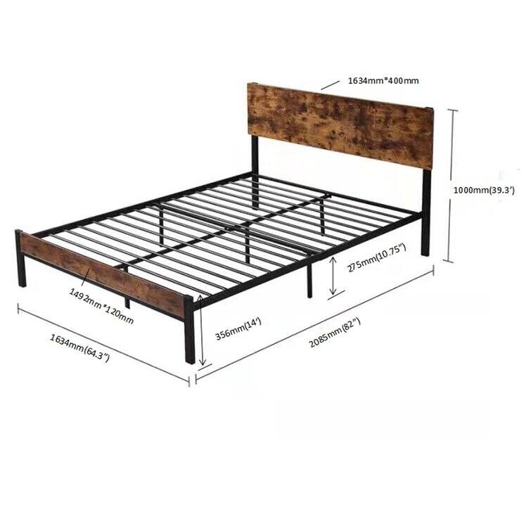 Metal Platform Bed Frame with Wooden Headboard and Footboard