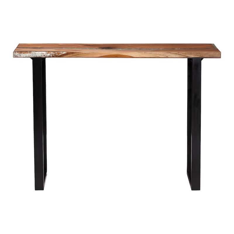 Apio Wood Epoxy Resin Console Table with Glass Inlay - Rectangular Live Edge Teak Wood Accent Table with Black Metal Base